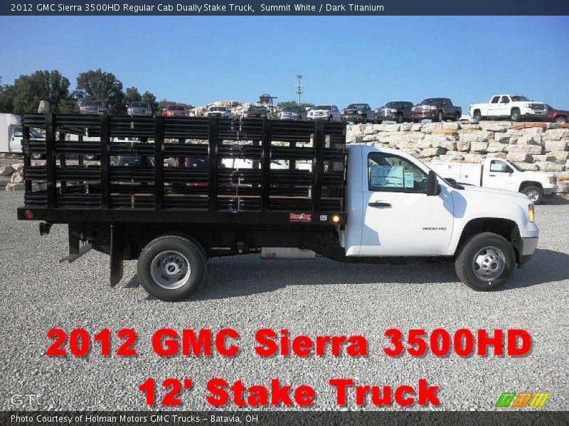 Summit White / Dark Titanium 2012 GMC Sierra 3500HD Regular Cab Dually Stake Truck
