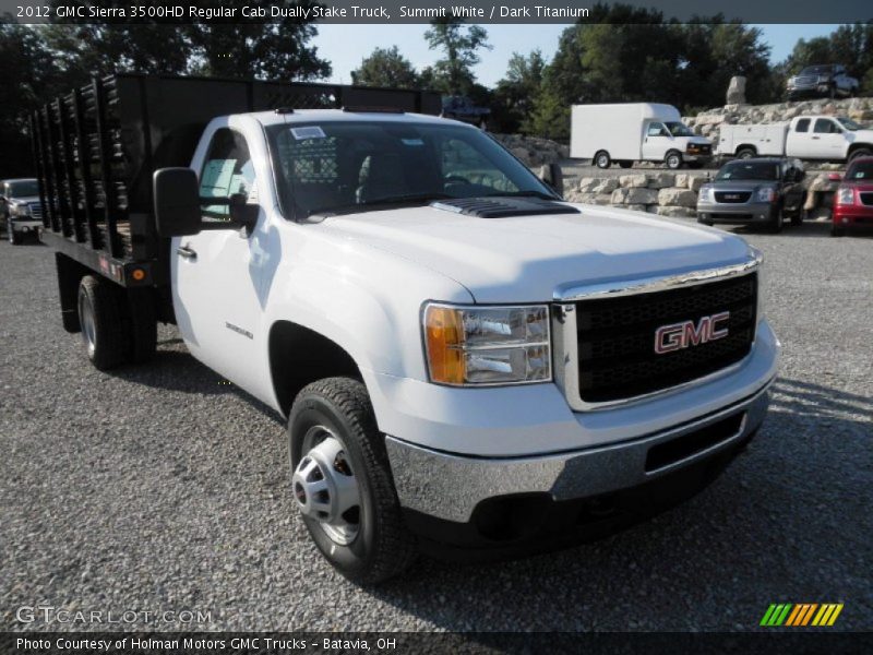 Summit White / Dark Titanium 2012 GMC Sierra 3500HD Regular Cab Dually Stake Truck