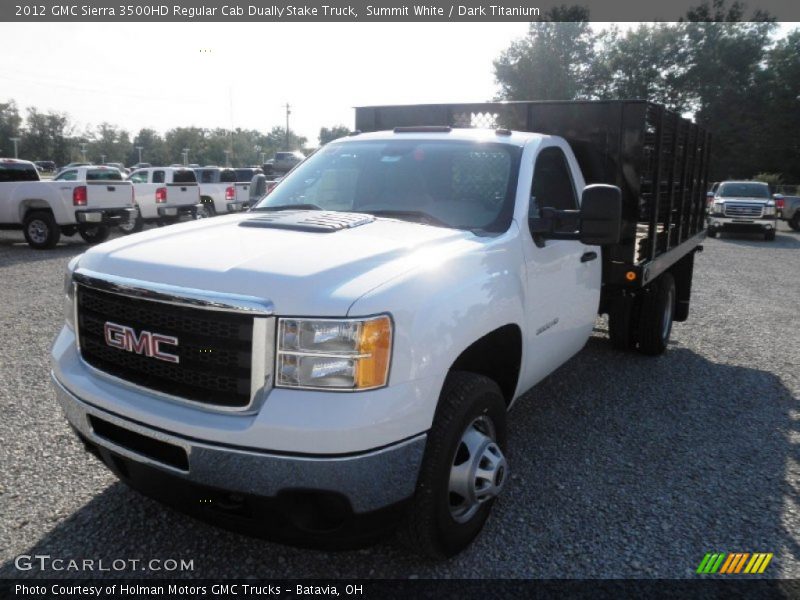 Summit White / Dark Titanium 2012 GMC Sierra 3500HD Regular Cab Dually Stake Truck