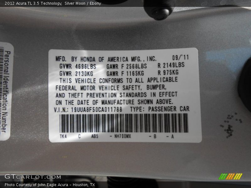 Silver Moon / Ebony 2012 Acura TL 3.5 Technology