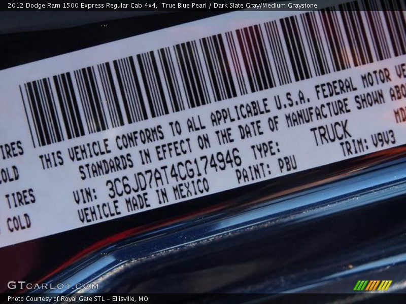True Blue Pearl / Dark Slate Gray/Medium Graystone 2012 Dodge Ram 1500 Express Regular Cab 4x4