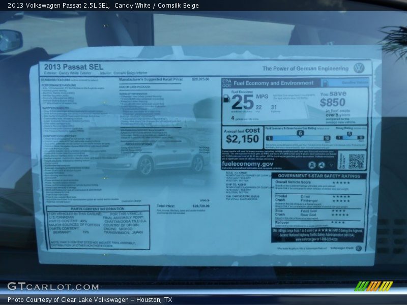  2013 Passat 2.5L SEL Window Sticker