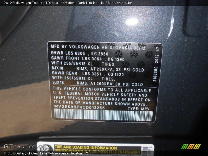 Dark Flint Metallic / Black Anthracite 2012 Volkswagen Touareg TDI Sport 4XMotion