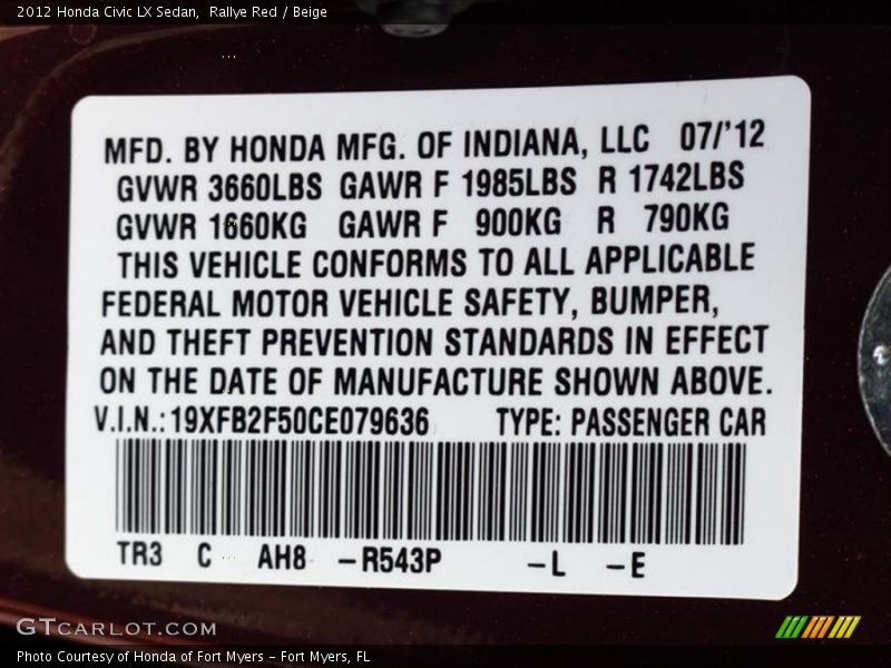 Rallye Red / Beige 2012 Honda Civic LX Sedan