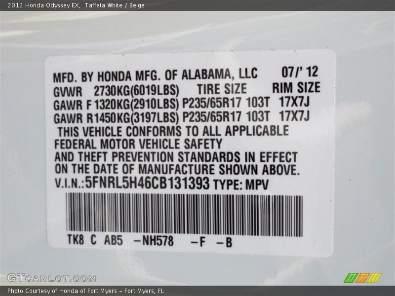 Taffeta White / Beige 2012 Honda Odyssey EX