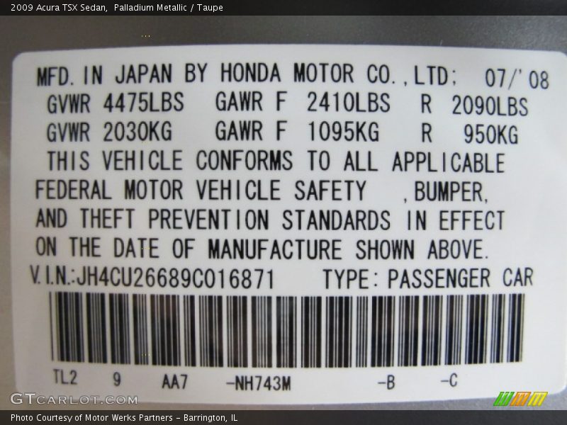 2009 TSX Sedan Palladium Metallic Color Code NH743M
