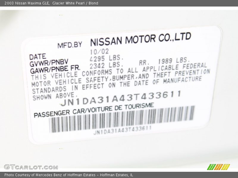 Glacier White Pearl / Blond 2003 Nissan Maxima GLE