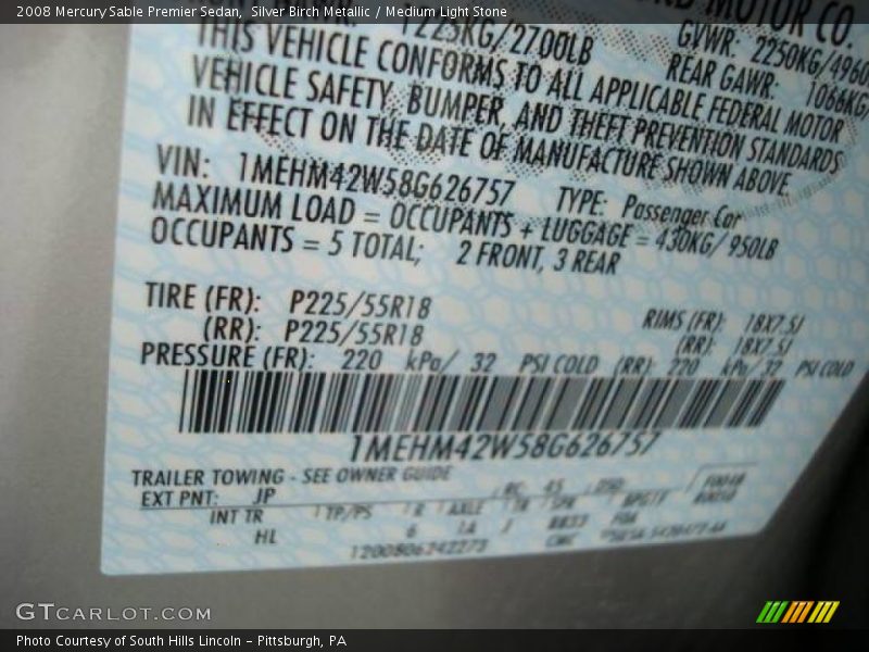 Silver Birch Metallic / Medium Light Stone 2008 Mercury Sable Premier Sedan