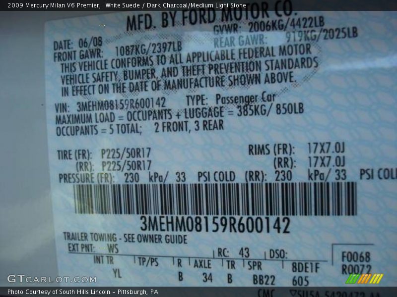 White Suede / Dark Charcoal/Medium Light Stone 2009 Mercury Milan V6 Premier