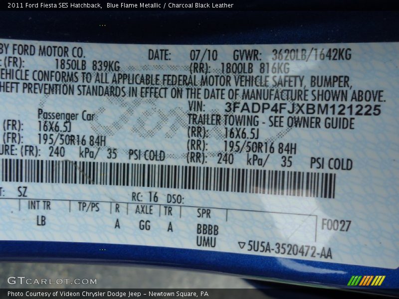 2011 Fiesta SES Hatchback Blue Flame Metallic Color Code SZ