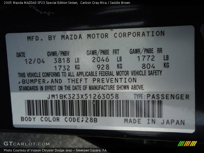 2005 MAZDA3 SP23 Special Edition Sedan Carbon Gray Mica Color Code 28B