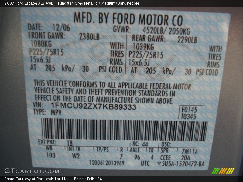 Tungsten Grey Metallic / Medium/Dark Pebble 2007 Ford Escape XLS 4WD