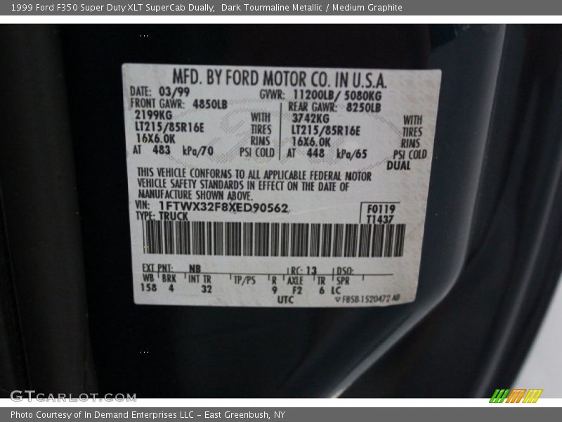 1999 F350 Super Duty XLT SuperCab Dually Dark Tourmaline Metallic Color Code NB