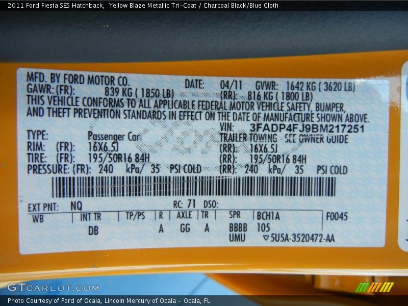 2011 Fiesta SES Hatchback Yellow Blaze Metallic Tri-Coat Color Code NQ
