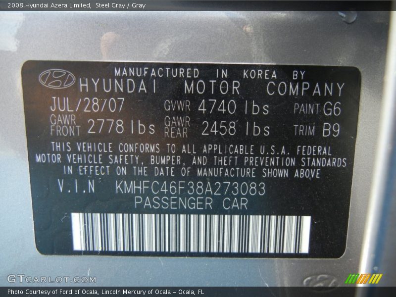 Steel Gray / Gray 2008 Hyundai Azera Limited