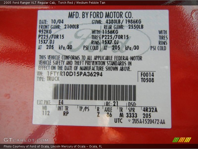 2005 Ranger XLT Regular Cab Torch Red Color Code E4
