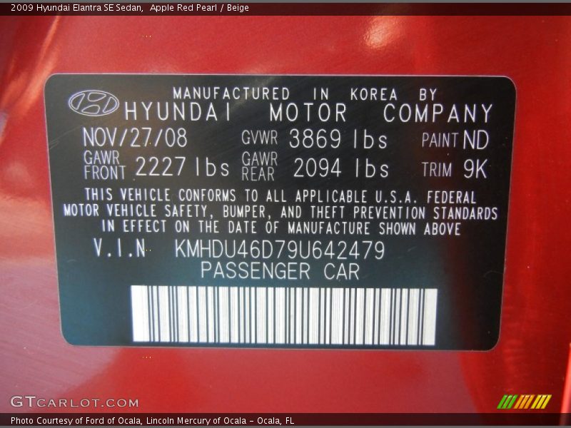 Apple Red Pearl / Beige 2009 Hyundai Elantra SE Sedan