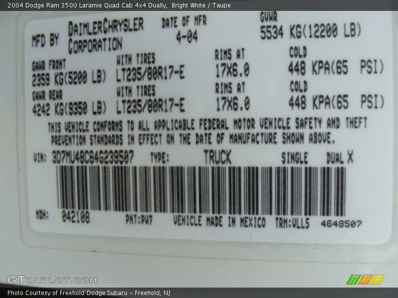 Bright White / Taupe 2004 Dodge Ram 3500 Laramie Quad Cab 4x4 Dually