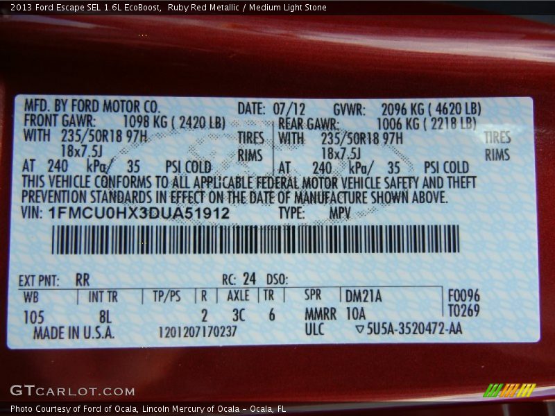 2013 Escape SEL 1.6L EcoBoost Ruby Red Metallic Color Code RR