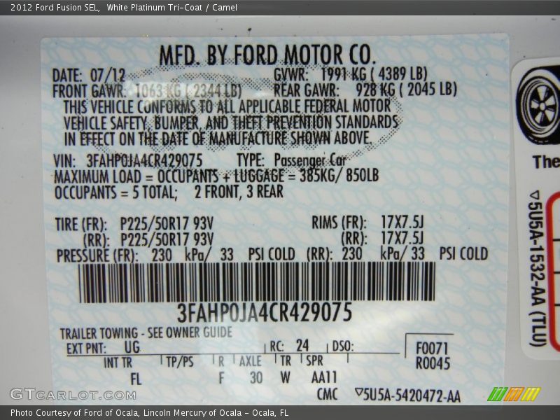 White Platinum Tri-Coat / Camel 2012 Ford Fusion SEL