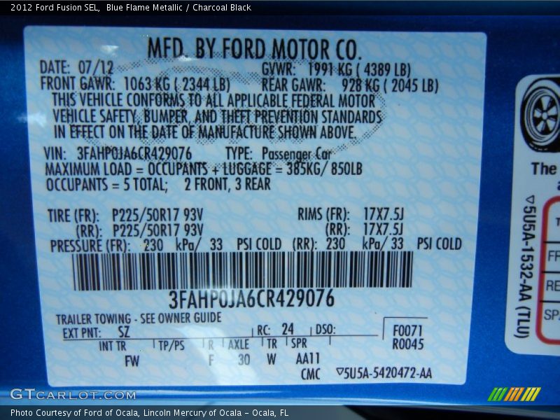 Blue Flame Metallic / Charcoal Black 2012 Ford Fusion SEL
