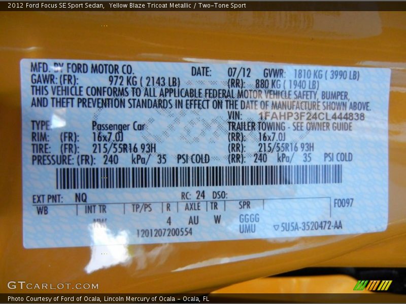 2012 Focus SE Sport Sedan Yellow Blaze Tricoat Metallic Color Code NQ