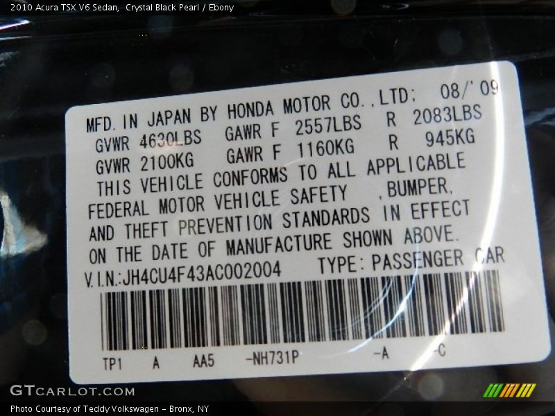 Crystal Black Pearl / Ebony 2010 Acura TSX V6 Sedan