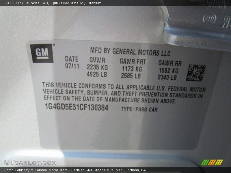 Quicksilver Metallic / Titanium 2012 Buick LaCrosse FWD