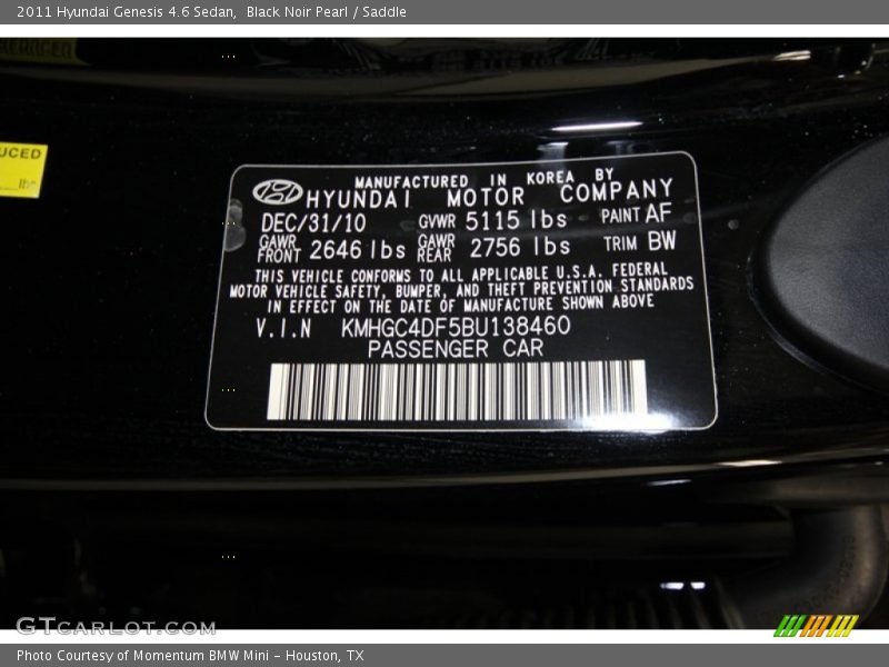 Black Noir Pearl / Saddle 2011 Hyundai Genesis 4.6 Sedan