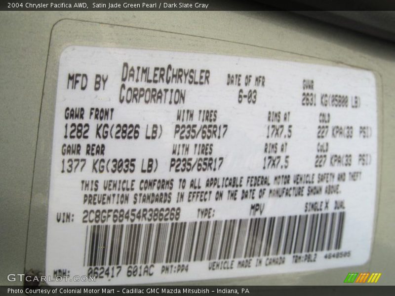 Satin Jade Green Pearl / Dark Slate Gray 2004 Chrysler Pacifica AWD
