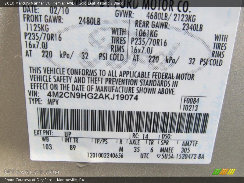 2010 Mariner V6 Premier 4WD Gold Leaf Metallic Color Code UP