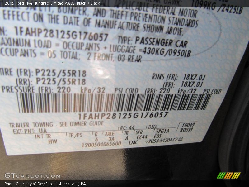 2005 Five Hundred Limited AWD Black Color Code UA