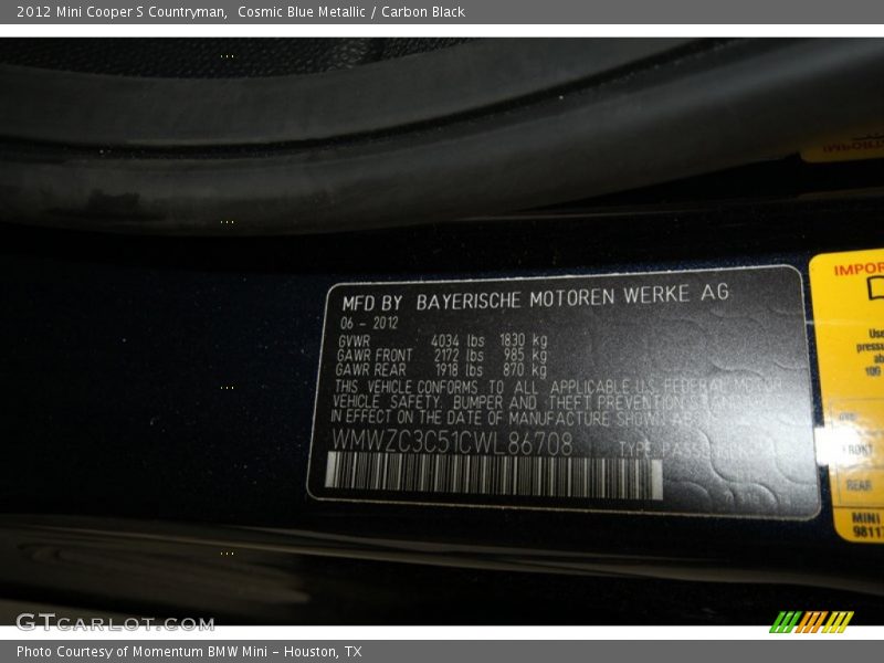 Cosmic Blue Metallic / Carbon Black 2012 Mini Cooper S Countryman