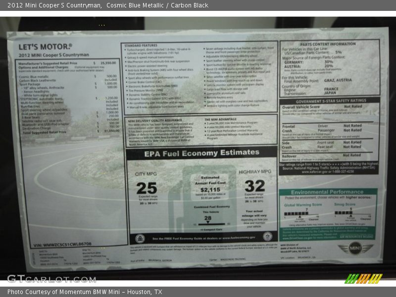 Cosmic Blue Metallic / Carbon Black 2012 Mini Cooper S Countryman