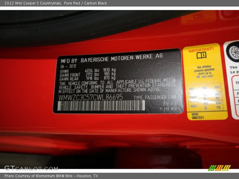 Pure Red / Carbon Black 2012 Mini Cooper S Countryman
