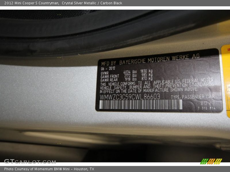 Crystal Silver Metallic / Carbon Black 2012 Mini Cooper S Countryman