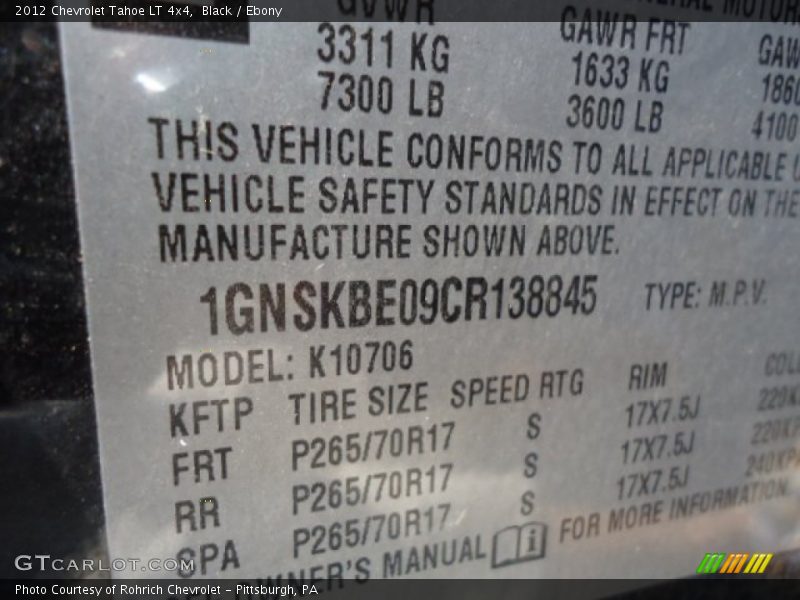Black / Ebony 2012 Chevrolet Tahoe LT 4x4