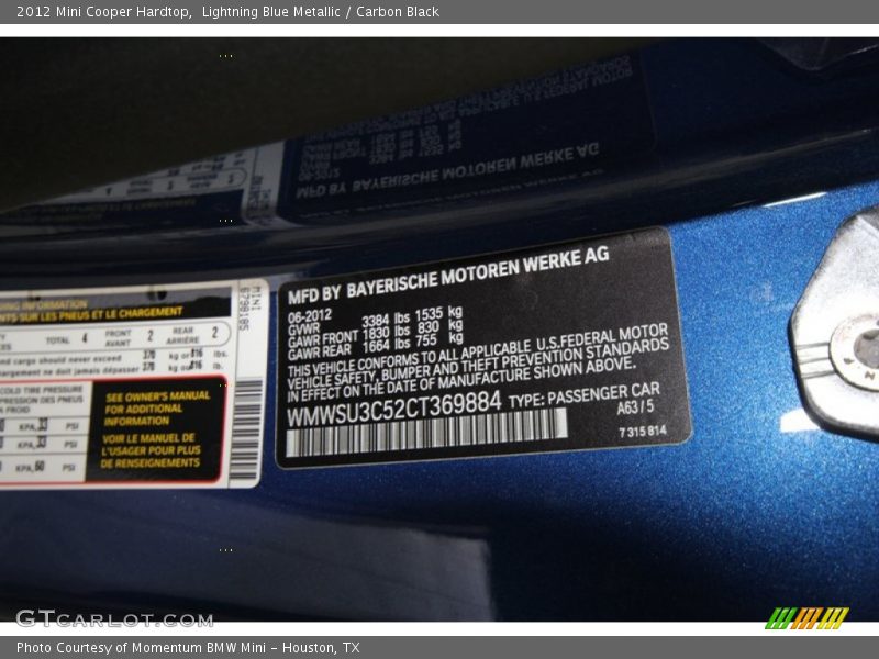 Lightning Blue Metallic / Carbon Black 2012 Mini Cooper Hardtop