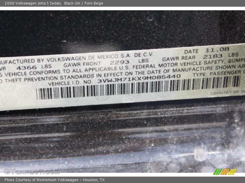 Black Uni / Pure Beige 2009 Volkswagen Jetta S Sedan