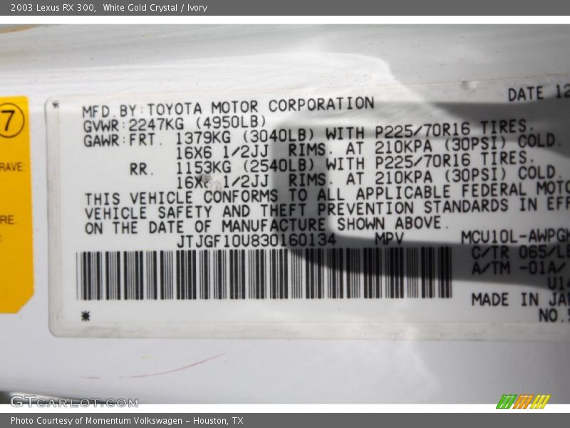 2003 RX 300 White Gold Crystal Color Code 065