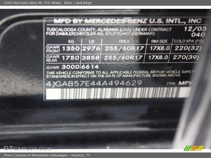 Black / Java Beige 2004 Mercedes-Benz ML 350 4Matic