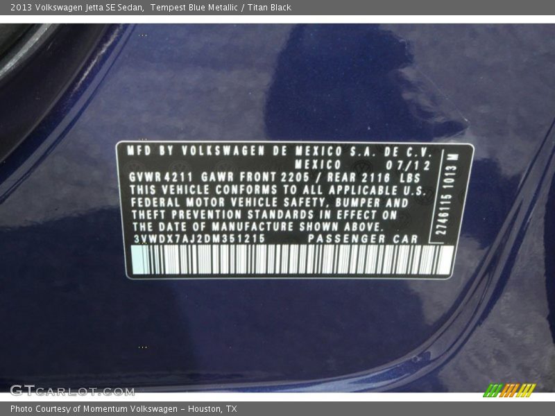 Tempest Blue Metallic / Titan Black 2013 Volkswagen Jetta SE Sedan