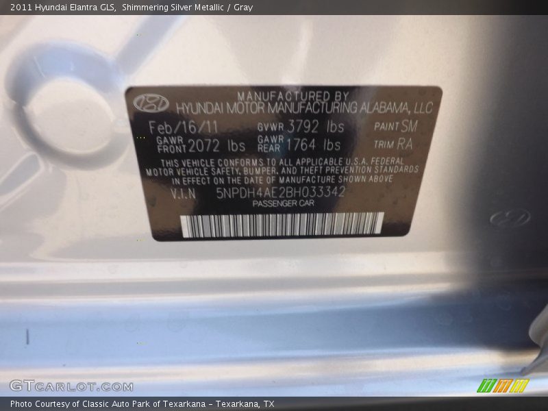 Shimmering Silver Metallic / Gray 2011 Hyundai Elantra GLS