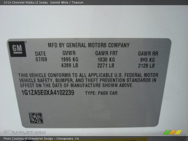 Summit White / Titanium 2010 Chevrolet Malibu LS Sedan