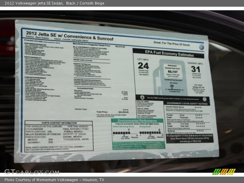 Black / Cornsilk Beige 2012 Volkswagen Jetta SE Sedan