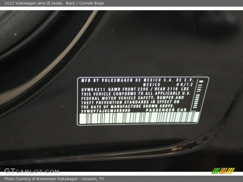 Black / Cornsilk Beige 2012 Volkswagen Jetta SE Sedan