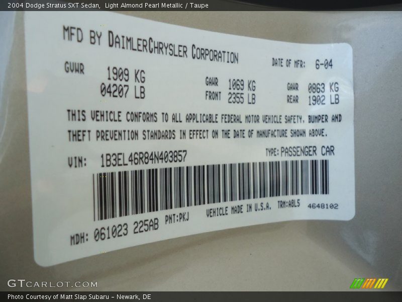 2004 Stratus SXT Sedan Light Almond Pearl Metallic Color Code PKJ