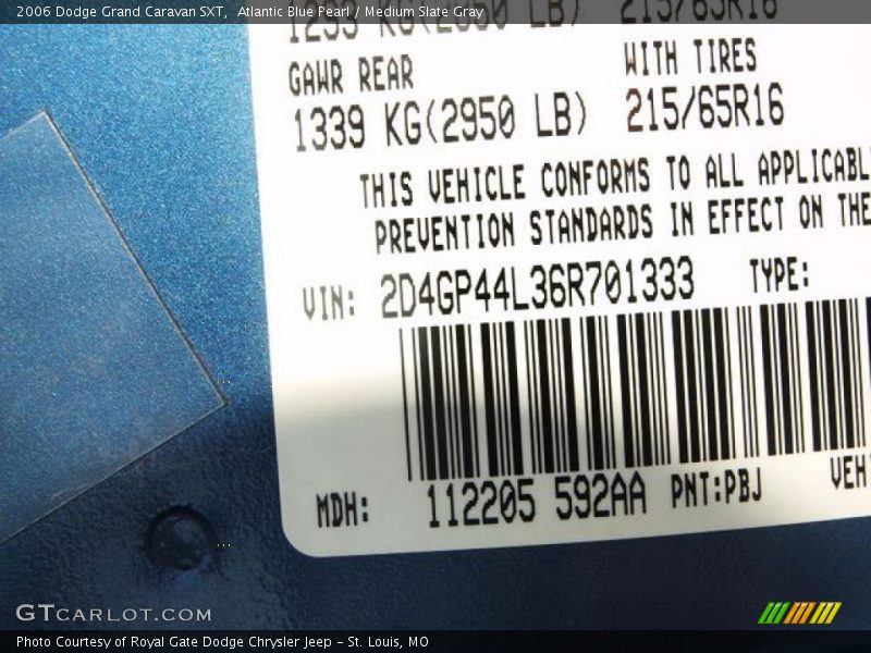 2006 Grand Caravan SXT Atlantic Blue Pearl Color Code PBJ