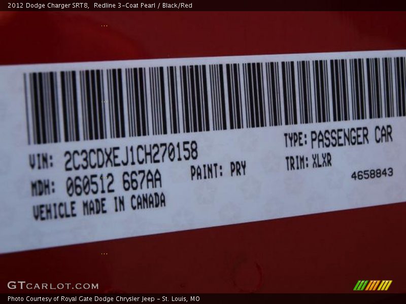 2012 Charger SRT8 Redline 3-Coat Pearl Color Code PRY
