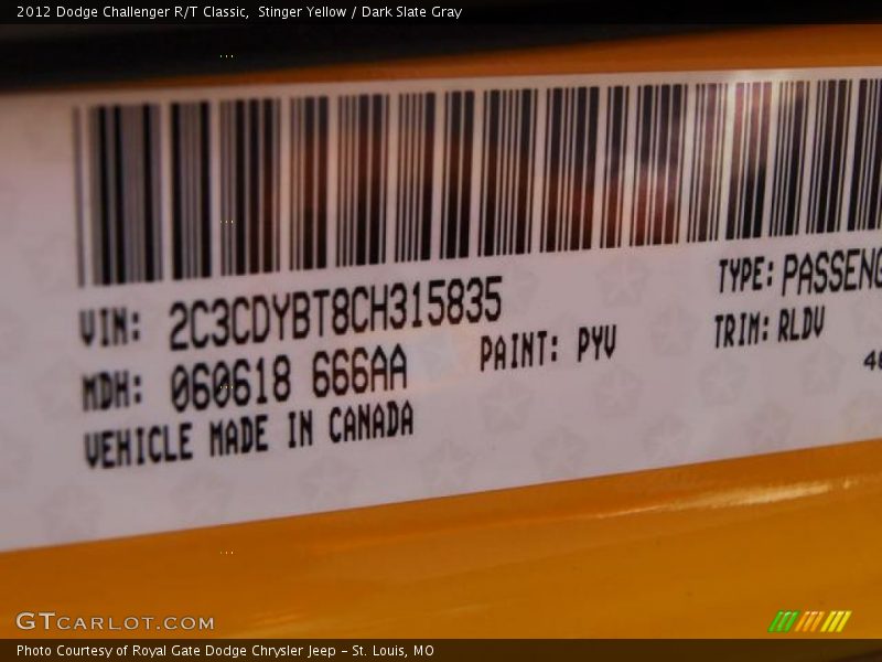 2012 Challenger R/T Classic Stinger Yellow Color Code PYV